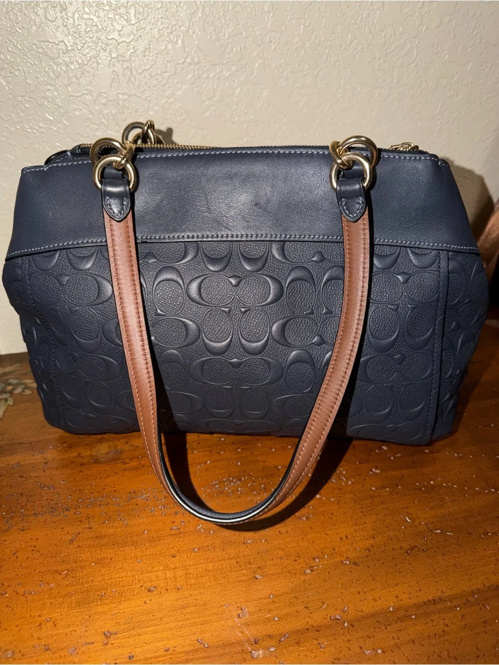 Coach Navy Embossed Signature Satchel with Straps